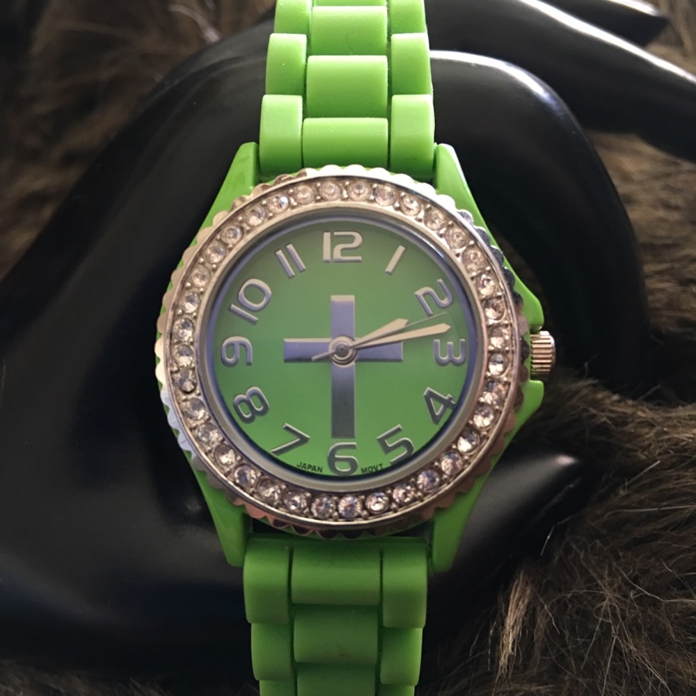 Ladies Geneva Platinum green silicone band watch